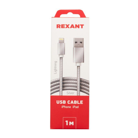 Кабель USB-A – Lightning для Apple, 2,4А, 1м, в серебристой нейлоновой оплетке REXANT