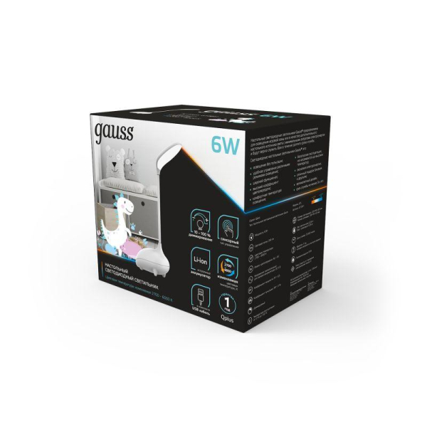 Светильник светодиодный настольный Qplus 6Вт 2700-6000К 330лм 5В аккум. Li-ion 1200мА.ч диммир. детский бел. GAUSS GT7011