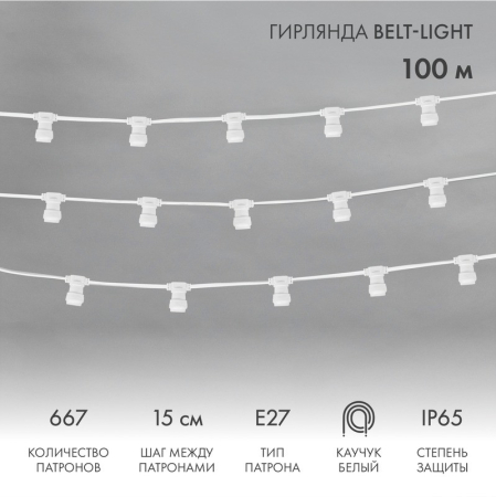 Гирлянда Belt-Light 2 жилы, 100м, шаг 15см, 667 патронов E27, IP65, белый провод NEON-NIGHT