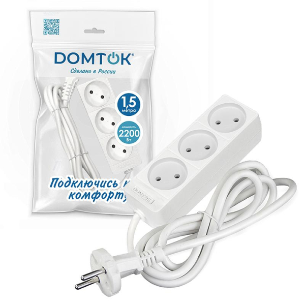 Удлинитель 3х1.5м без заземл. 10А IP20 2.2кВт ПВС 2х1 бел. DOMTOK 2349