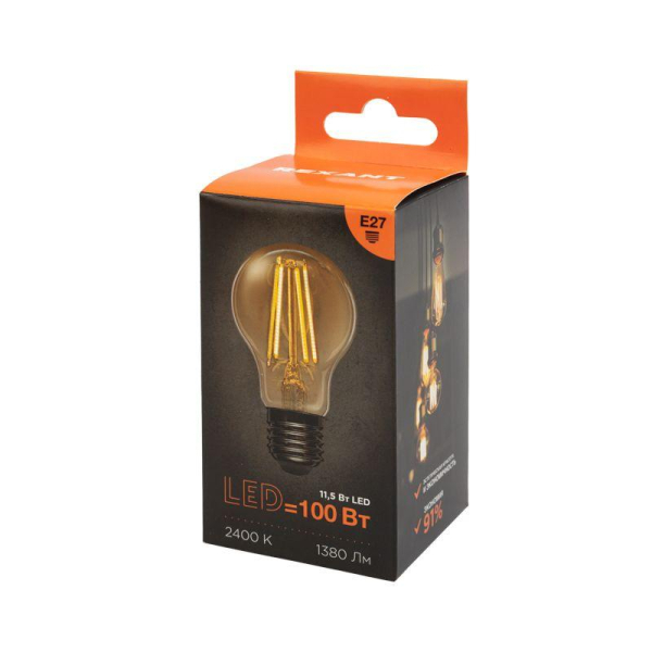 Лампа филаментная Груша A60 11,5Вт 1380Лм 2400K E27 золотистая колба REXANT