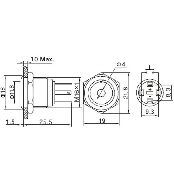 Индикатор металл. d16 12В подсветка син. LED Rexant 36-4811