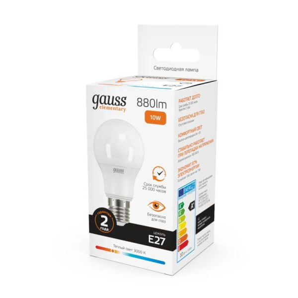 Лампа светодиодная Elementary 10Вт A60 грушевидная 3000К тепл. бел. E27 880лм GAUSS 23210