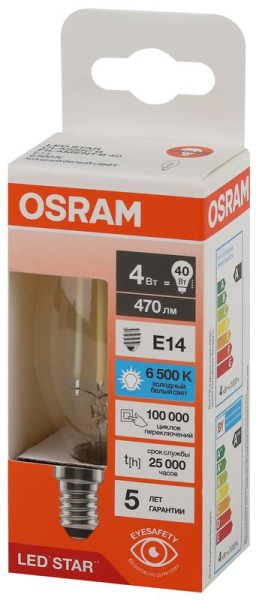 Лампа светодиодная филаментная LS CLB40 4W/865 230VFILCL 4Вт 6500К холод. бел. E14 470лм B угол пучка 300град. 220-240В (замена 40Вт) прозр. стекло OSRAM 4058075687943