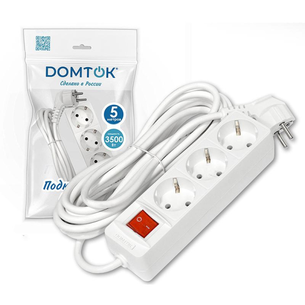 Удлинитель 3х5м с заземл. 16А IP20 3.5кВт ПВС 3х1 с выкл. бел. DOMTOK 2382