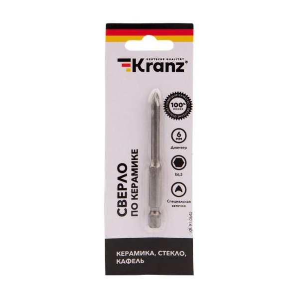 Сверло по стеклу и керамике 6 мм, 2 грани, шестигранный хвостовик Kranz