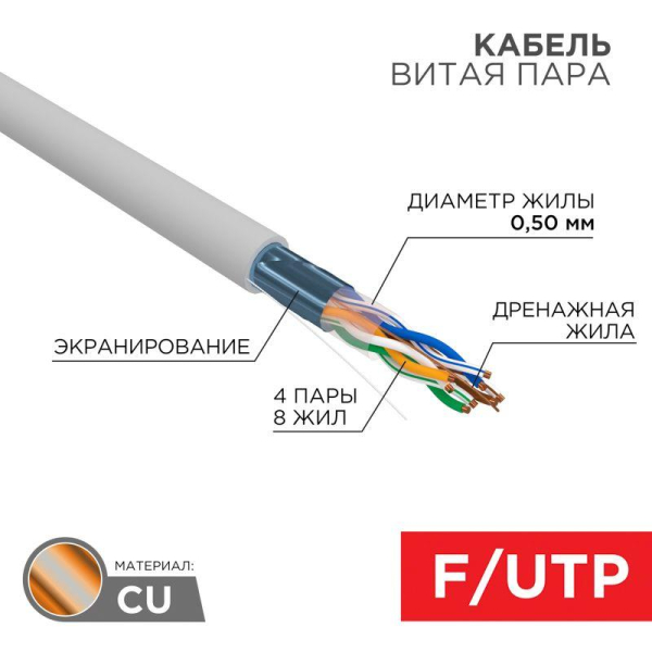 Кабель витая пара F/UTP кат.5E PVC 4PR 24AWG INDOOR SOLID сер. (уп.305м) РФ Rexant 01-0143-R