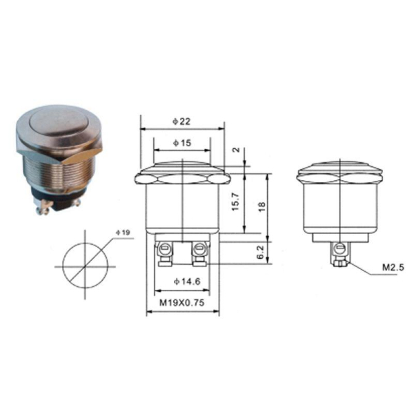 Кнопка антивандальная Ø19 Б/Фикс (2с винт) OFF-(ON) плоская (PBS-28В-2) REXANT