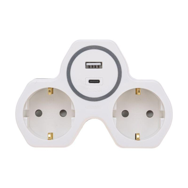 Двойник электрический (разветвитель) 16А с/з + USB-A + USB-C с защитными шторками, белый REXANT