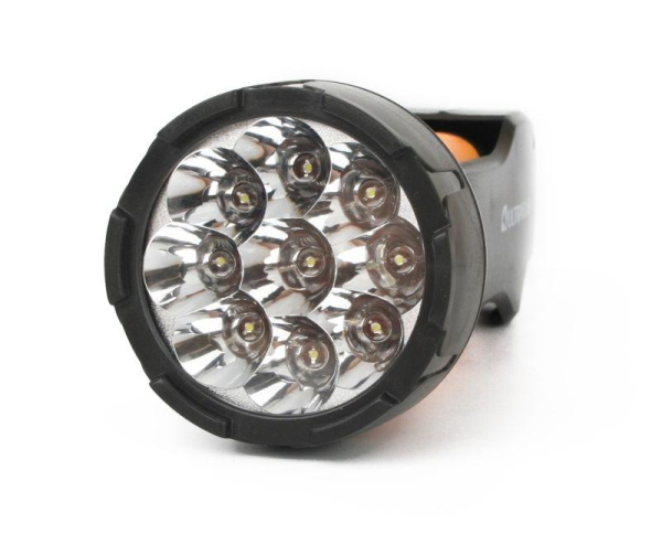 Фонарь аккумуляторный LED3816 9LED аккум. SLA 220В склад. вилка пластик. черн./желт. (кор.) Ultraflash 10794