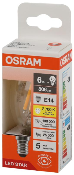 Лампа светодиодная филаментная LSCLB75 6W/827 230VFILCL 6Вт 2700К тепл. бел. E14 806лм B угол пучка 300град. 220-240В (замена 75Вт) прозр. стекло OSRAM 4058075684812