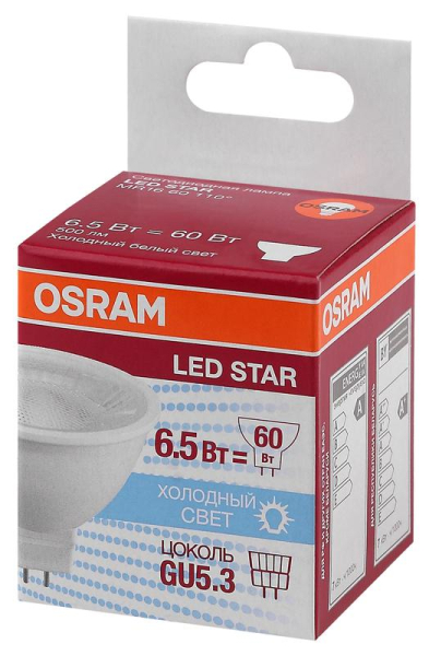 Лампа светодиодная LED STAR MR16 60110 6.5W/850 230V GU5.3 520лм 6.5Вт (замена 35Вт) 5000К холод. бел. GU5.3 MR16 220-240В прозр. пласт. OSRAM 4058075481251