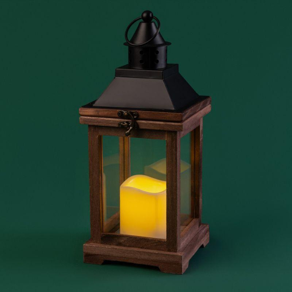 Декоративный фонарь со свечкой, корпус из дерева, размер 14х14х35cм, цвет теплый белый