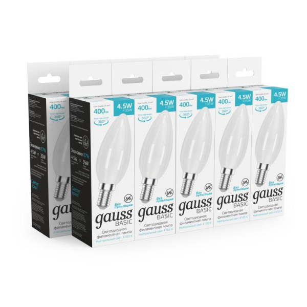 Лампа светодиодная филаментная Basic Filament 4.5Вт Свеча 4100К Е14 400лм milky GAUSS 1035125