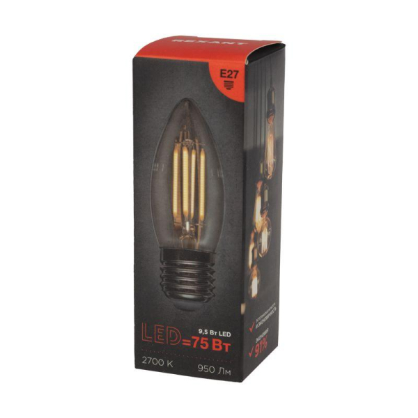 Лампа филаментная Свеча CN35 9,5Вт 950Лм 2700K E27 прозрачная колба REXANT
