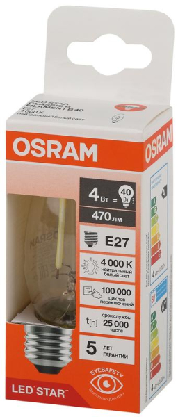 Лампа светодиодная филаментная LS CLB40 4W/840 230VFILCL RU 4Вт 4000К нейтр. бел. E27 470лм B угол пучка 300град. 220-240В (замена 40Вт) прозр. стекло OSRAM 4058075687844