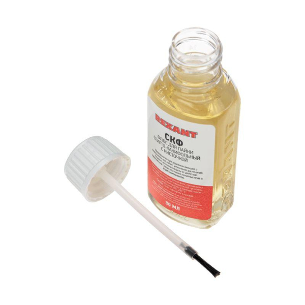 Флюс для пайки, СКФ (спирто-канифольный), 30мл, с кисточкой, флакон, блистер REXANT