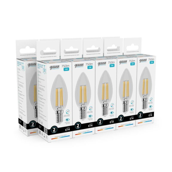 Лампа светодиодная филаментная Filament Elementary 12Вт свеча 4100К Е14 750лм GAUSS 32122