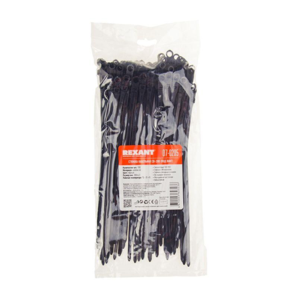 Стяжка нейлоновая под винт 200x4,3мм, черная (100 шт/уп) REXANT
