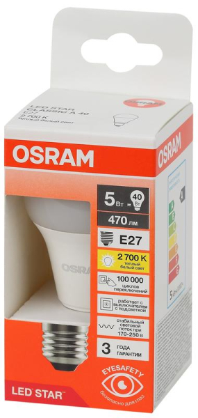 Лампа светодиодная LED Star 5Вт 2700К тепл. бел. E27 470лм A угол пучка 180град. 170-250В (замена 40Вт) матов. пластик OSRAM 4058075695566