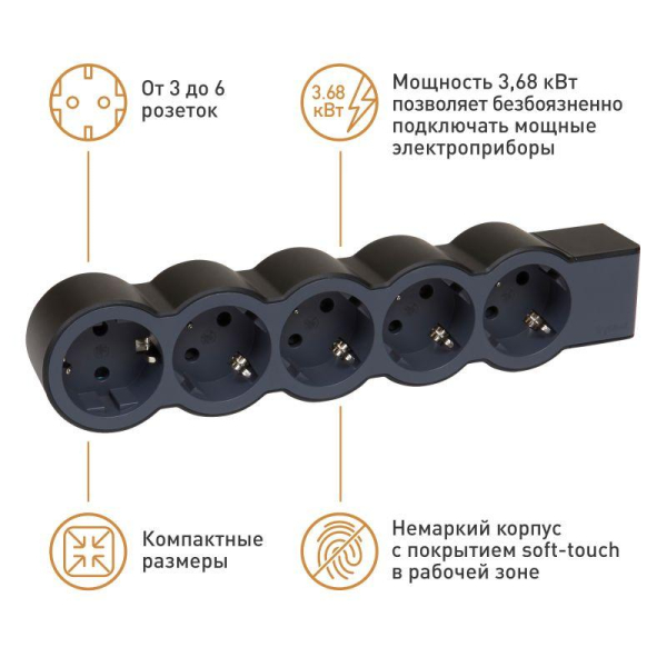 Удлинитель 5-м 16А IP20 Стандарт 5х2P+E без кабеля черн. Leg 694578