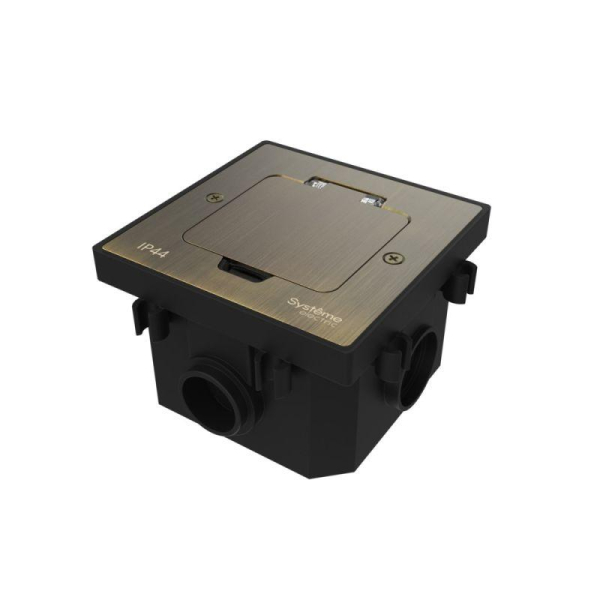 Лючок MultiDesk MDK21 с розеткой 2P+E 16А 250В IP44 с монтажной коробкой для бетонных полов античная латунь SE MDK21202BC