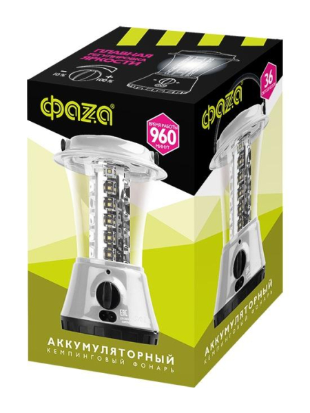 Фонарь аккумуляторный кемпинговый AccuF5-L36-gy 36LED аккум. 4В 1.6А.ч 10проц. 16ч/100проц. 2ч индикатор зарядки диммер сер. ФАZА 5027602