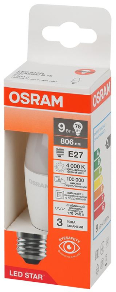 Лампа светодиодная LED Star 9Вт 4000К нейтр. бел. E27 806лм B угол пучка 200град. 170-250В (замена 75Вт) матов. пластик OSRAM 4058075697072