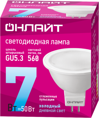 Лампа светодиодная 61 134 OLL-MR16-7-230-6.5K-GU5.3 7Вт 6500К холод. бел. GU5.3 700лм 176-264В ОНЛАЙТ 61134