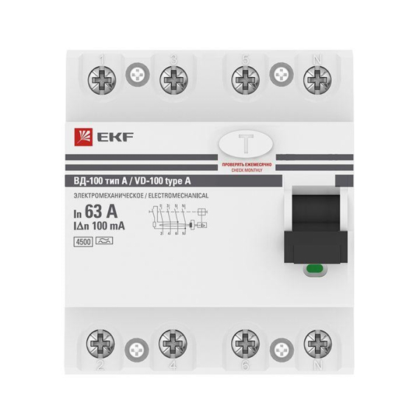 Выключатель дифференциального тока (УЗО) 4п 63А 100мА тип A ВД-100 (электромех.) PROxima EKF elcb-4-63-100-em-a-pro