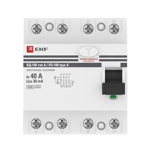 Выключатель дифференциального тока (УЗО) 4п 40А 30мА тип A ВД-100 электрон.PROxima EKF elcb-4-40-30-e-a-pro