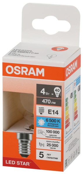 Лампа светодиодная филаментная LS CLP40 4W/865 230VFILCL 4Вт 6500К холод. бел. E14 470лм P угол пучка 300град. 220-240В (замена 40Вт) прозр. стекло OSRAM 4058075688193