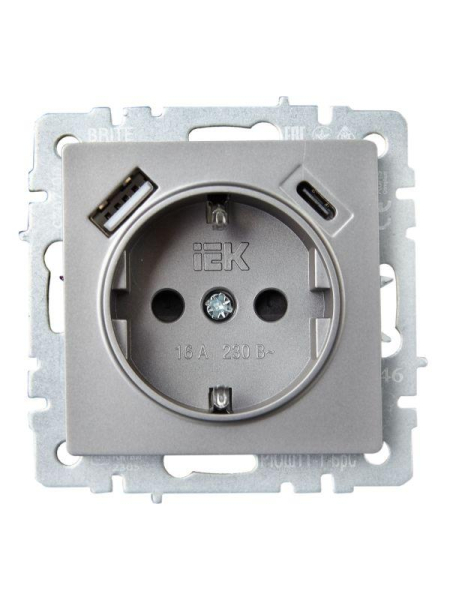 Розетка BRITE РЮш11-1-БрС 16А с USB A+C 18Вт с заземл. защ. шторки механизм сталь IEK BR-R14-16-U22-018-K46