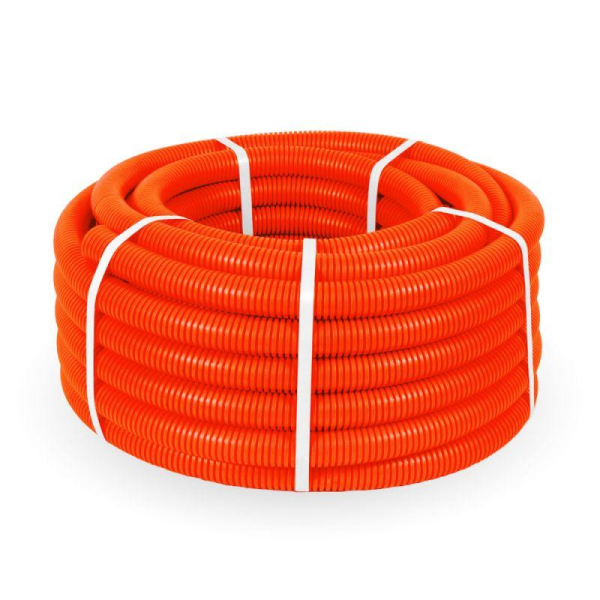 Труба гофрированная ПНД легкая d32мм с протяжкой 350 Н безгалоген. (HF) оранж. (уп.25м) Промрукав PR.023261