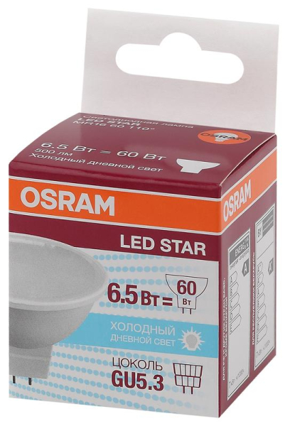 Лампа светодиодная LED Star MR16 60110 6.5W/865 230V GU5.3 6.5Вт матовая 6500К холод. бел. GU5.3 MR16 500лм 220-240В пластик. (замена 60Вт) OSRAM 4058075480612