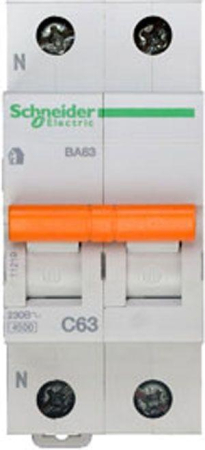 Выключатель автоматический модульный 2п (1P+N) C 63А 4.5кА BA63 Домовой SchE 11219