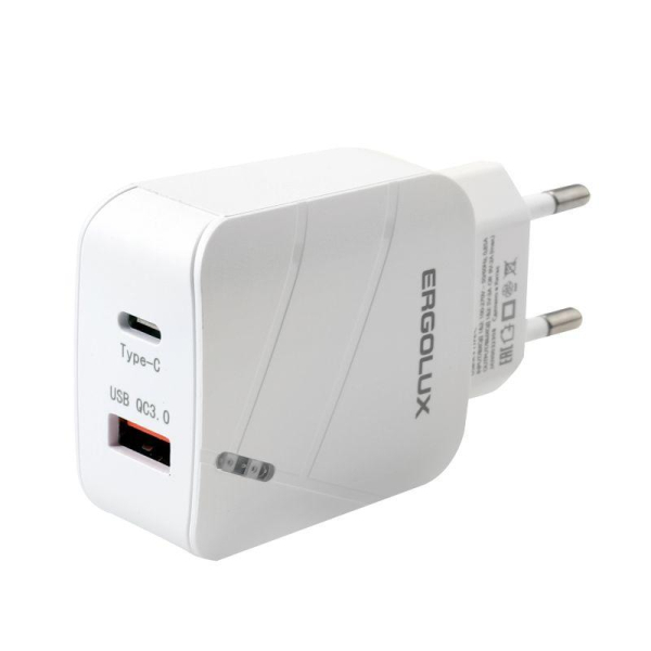 Адаптер сетевой 18Вт 1USB+1Type C 100-220В 5-9В/3А QC коробка бел. Ergolux 15252