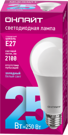 Лампа светодиодная 61 955 OLL-A60-25-230-6.5K-E27 25Вт грушевидная 6500К холод. бел. E27 2500лм 176-264В ОНЛАЙТ 61955