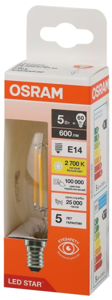 Лампа светодиодная филаментная LSCLBA60 5W/827 230VFILCL 5Вт 2700К тепл. бел. E14 600лм BA угол пучка 300град. 220-240В (замена 60Вт) прозр. стекло OSRAM 4058075684935