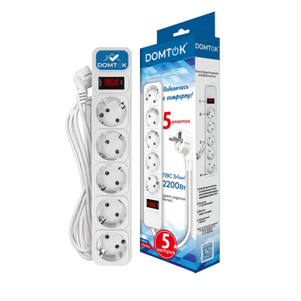 Удлинитель с сетевым фильтром 5х5м с заземл 10А IP20 2.2кВт ПВС 3х1 с выкл. бел. DOMTOK 2529