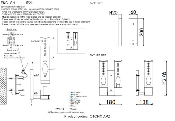 Бра Crystal Lux OTONO AP2 BRASS/TRANSPARENTE