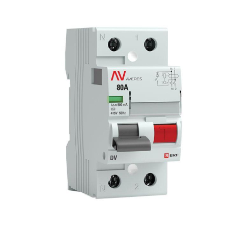 Выключатель дифференциального тока (УЗО) 2п 80А 500мА тип AC DV AVERES EKF rccb-2-80-500-ac-av