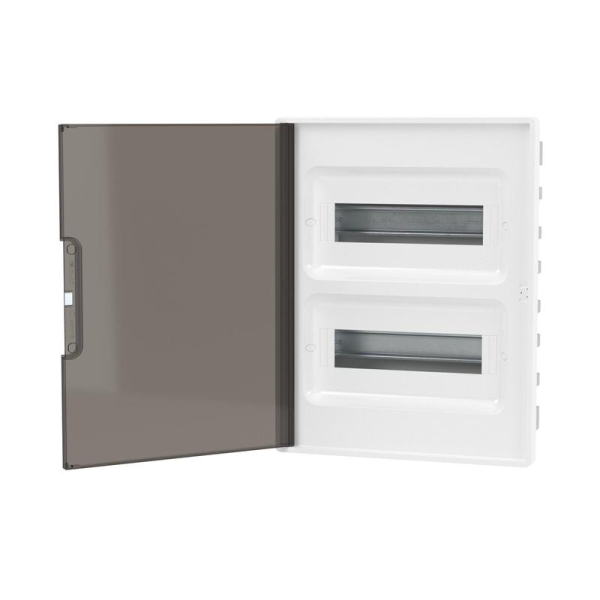 Щиток 24 мод встраиваемый для полых стен FRAME с тонированной дверцей с 4 шинами PEN (2шт на 8 отв. и 2шт на 6 отв.) бел. DKC F24B3WD