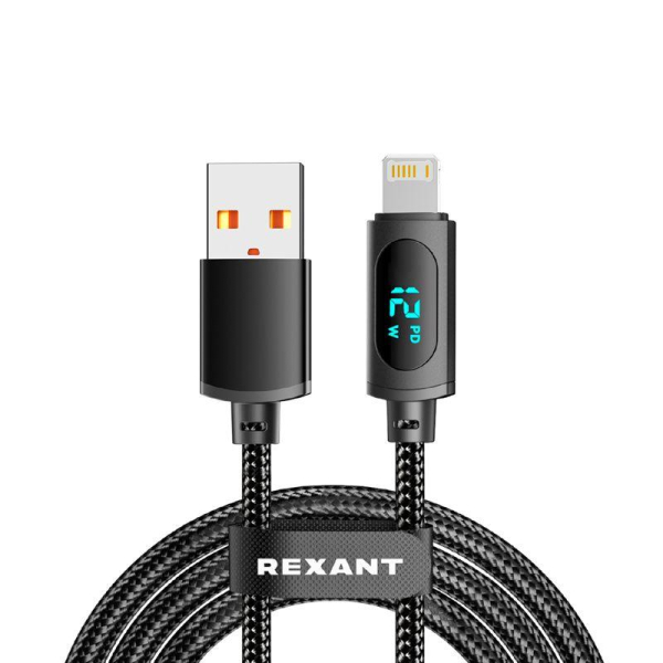 Кабель USB-A – Lightning для Apple, 2,4А, 1м, в черной нейлоновой оплетке, c LED дисплеем REXANT