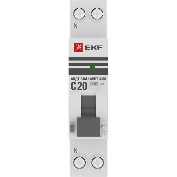 Выключатель автоматический дифференциального тока 1мод. C 20А 10мА тип А 6кА АВДТ-63М (электрон.) PROxima EKF D636EA20C10