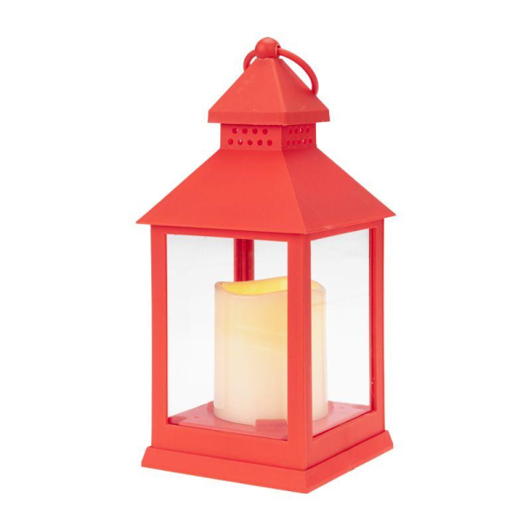 Декоративный фонарь со свечкой, красный корпус, размер 10,5х10,5х24см, цвет ТЕПЛЫЙ БЕЛЫЙ