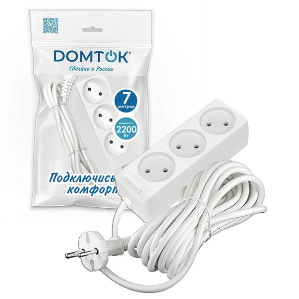 Удлинитель 3х7м без заземл. 10А IP20 2.2кВт ПВС 2х1 бел. DOMTOK 2353