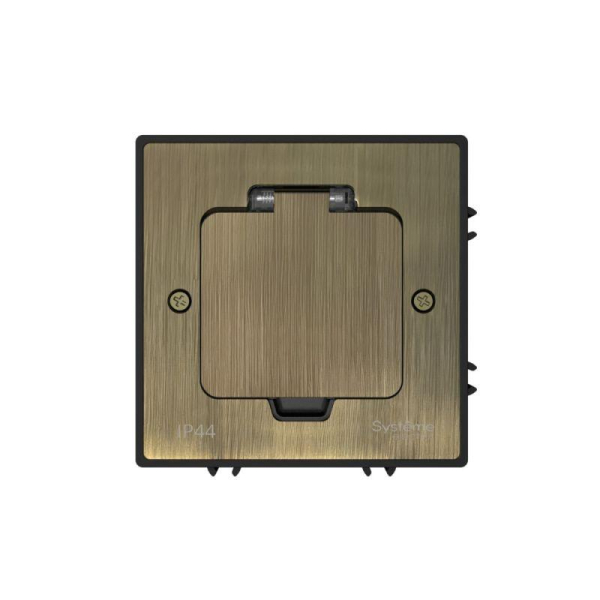 Лючок MultiDesk MDK21 с розеткой 2P+E 16А 250В IP44 с монтажной коробкой для бетонных полов античная латунь SE MDK21202BC