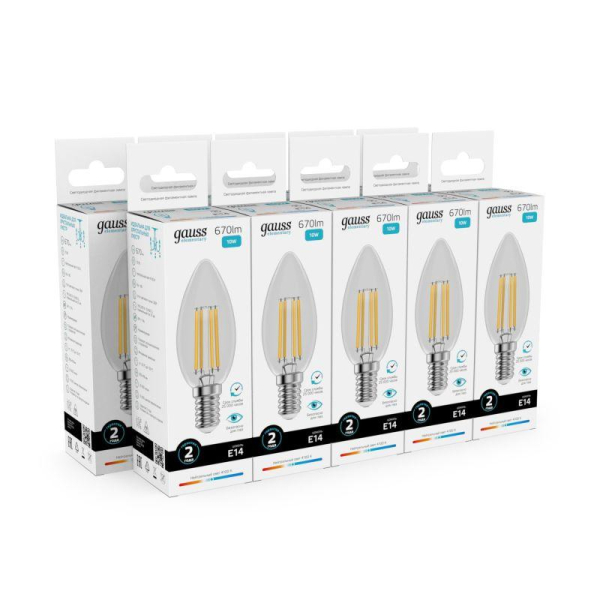 Лампа светодиодная филаментная Filament Elementary 10Вт свеча 4100К Е14 670лм GAUSS 32120