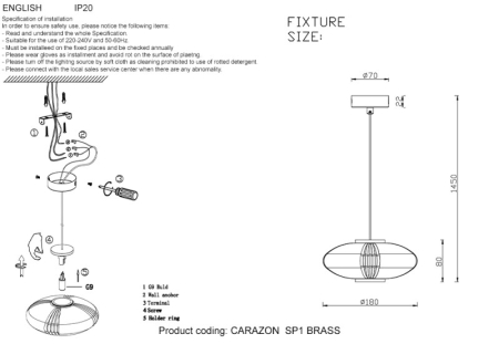 Подвесной светильник Crystal Lux CARAZON SP1 BRASS